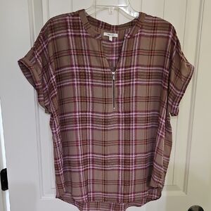 Maurice Plaid Half Zip Short Sleeved  Blouse